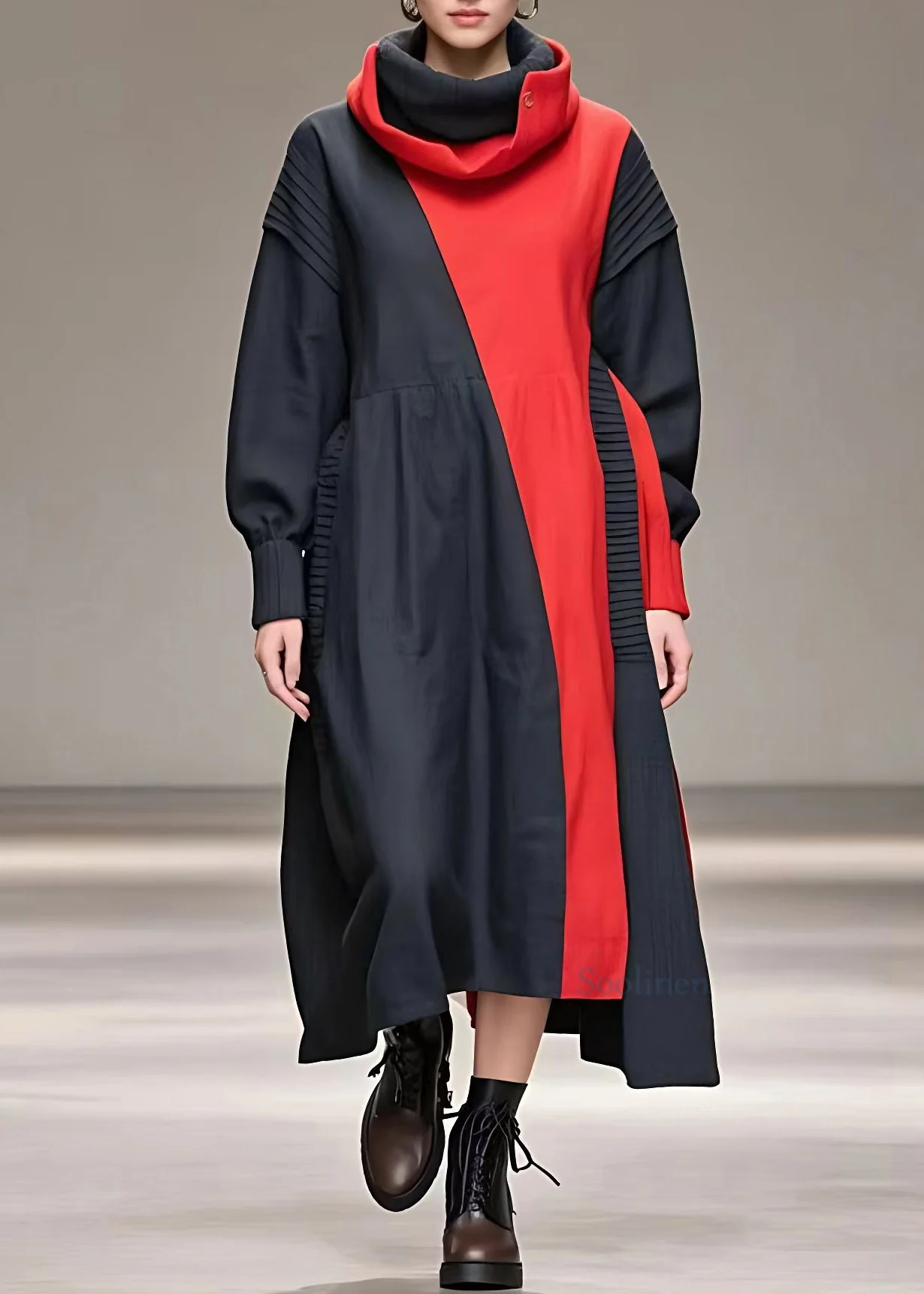 Fine Black Turtleneck Patchwork Party Long Dress Long Sleeve - Image 2