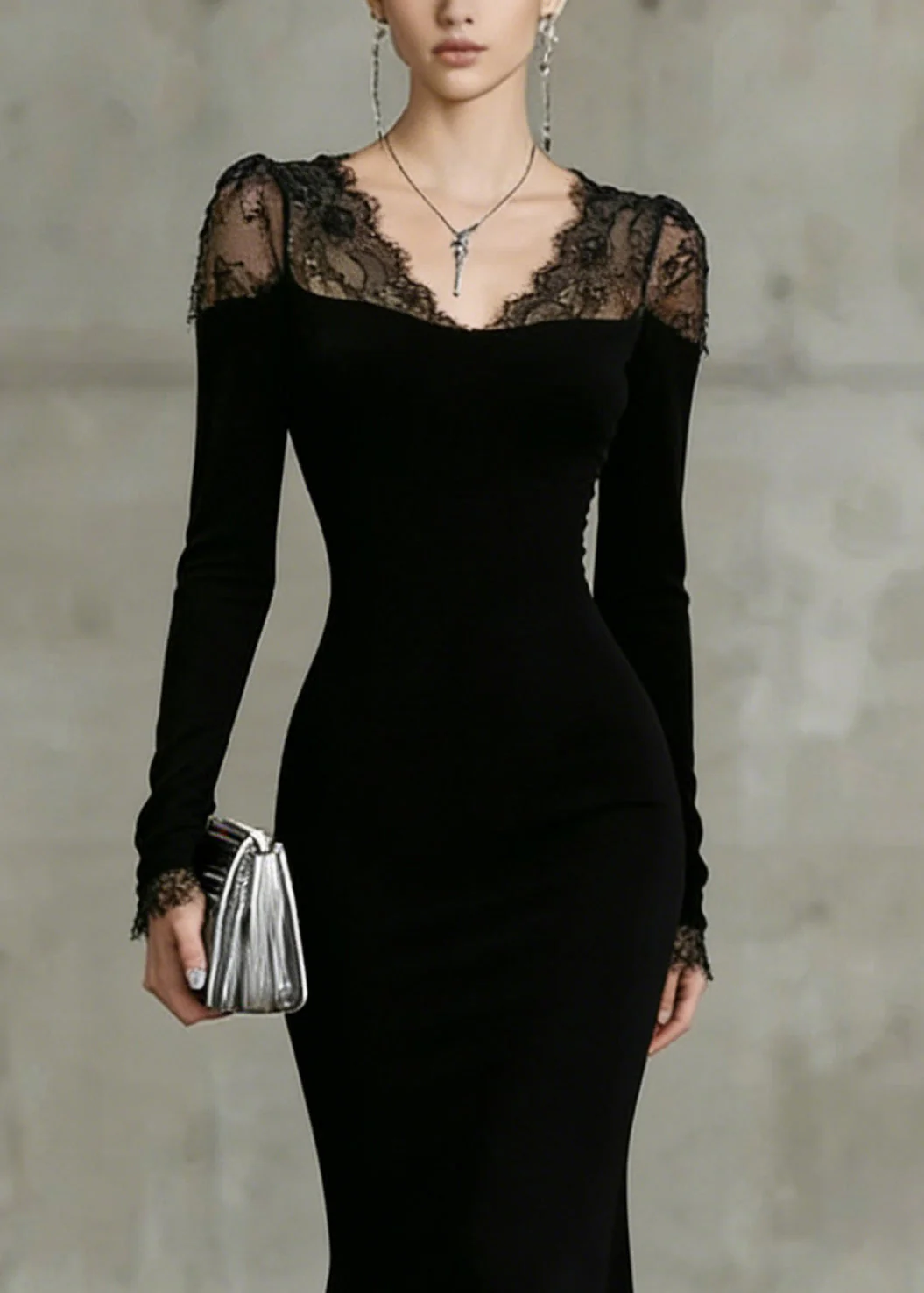 Fine Black V Neck Lace Solid Patchwork Fish Tail Dresses Spring - Image 2