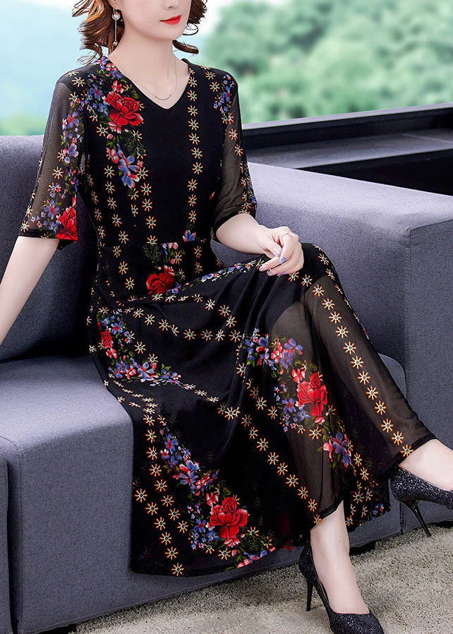 Fine Black V Neck Print Patchwork Tulle Long Dresses Summer - Image 2