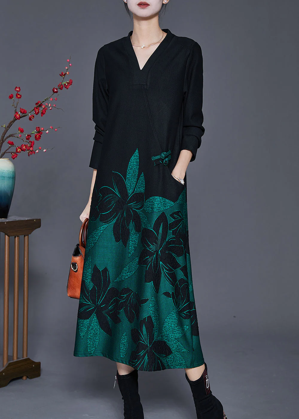 Fine Black V Neck Print Spandex Long Dress Spring - Image 3