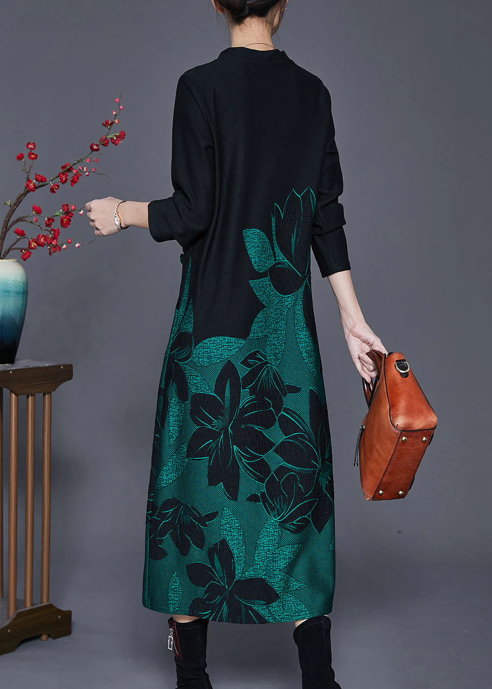 Fine Black V Neck Print Spandex Long Dress Spring - Image 4