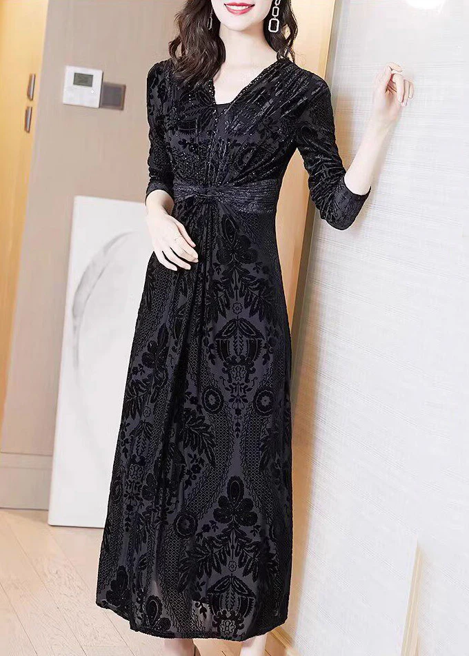 Fine Black V Neck Tunic Silk Velvet Maxi Dress Spring - Image 2