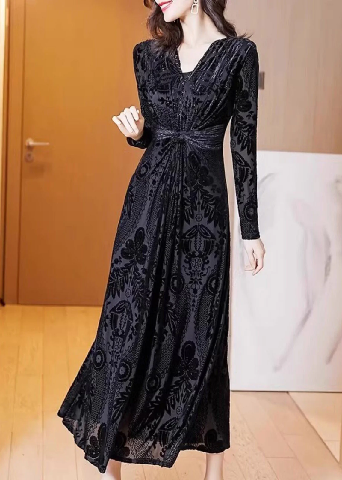 Fine Black V Neck Tunic Silk Velvet Maxi Dress Spring - Image 3