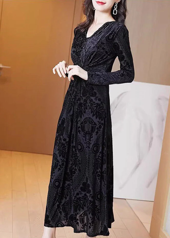 Fine Black V Neck Tunic Silk Velvet Maxi Dress Spring - Image 4