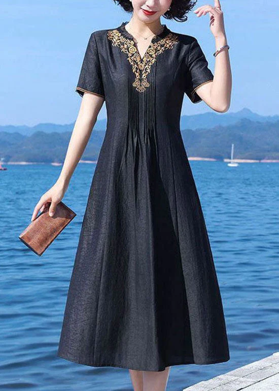 Fine Black V-Neck Wrinkled Patchwork Embroideried Silk Dress Summer - Image 2