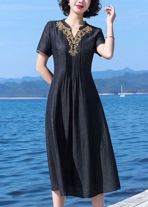 Fine Black V-Neck Wrinkled Patchwork Embroideried Silk Dress Summer - Image 3
