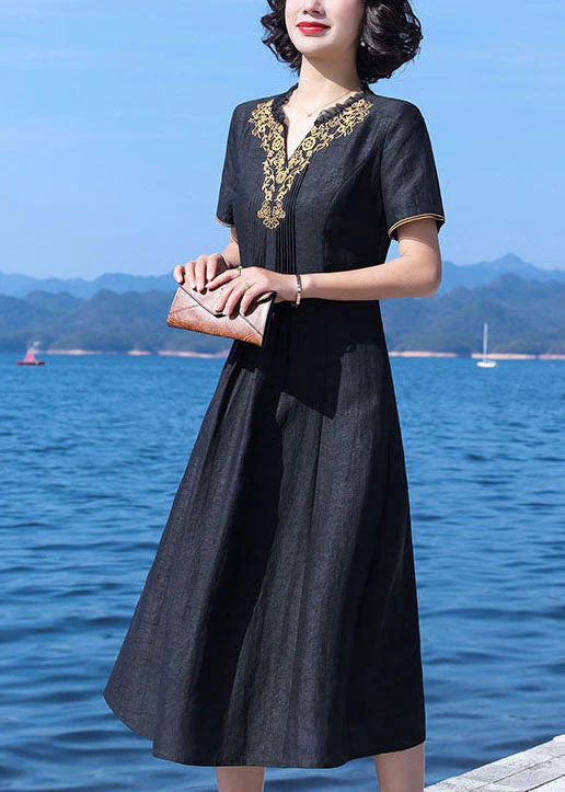 Fine Black V-Neck Wrinkled Patchwork Embroideried Silk Dress Summer - Image 4