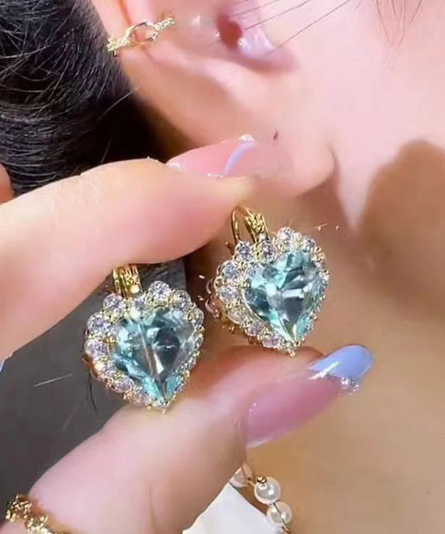 Fine Blue Alloy Crystal Zircon Heart-Shaped Hoop Earrings