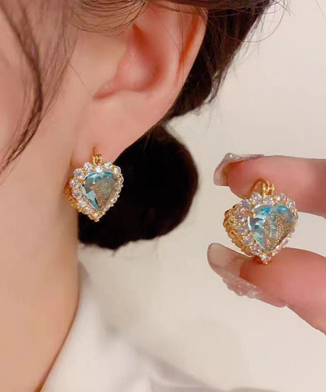 Fine Blue Alloy Crystal Zircon Heart-Shaped Hoop Earrings - Image 3