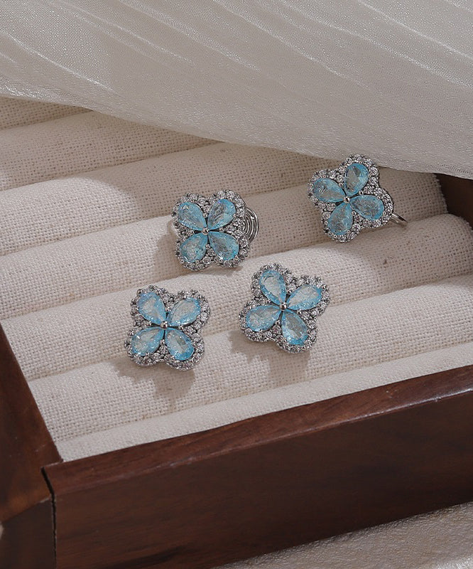 Fine Blue Alloy Zircon Ice Flower Four-Leaf Clover Stud Earrings - Image 2