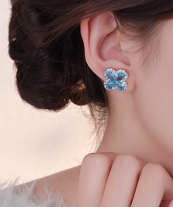 Fine Blue Alloy Zircon Ice Flower Four-Leaf Clover Stud Earrings - Image 3