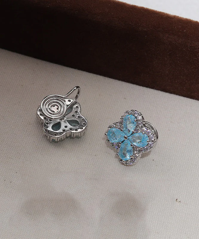Fine Blue Alloy Zircon Ice Flower Four-Leaf Clover Stud Earrings - Image 4
