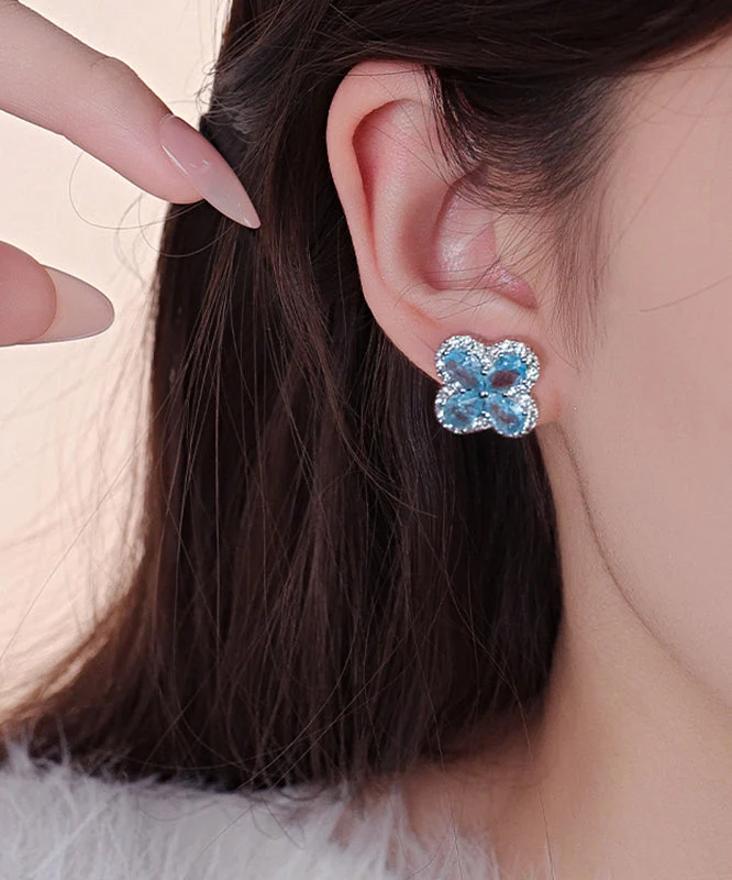 Fine Blue Alloy Zircon Ice Flower Four-Leaf Clover Stud Earrings - Image 5