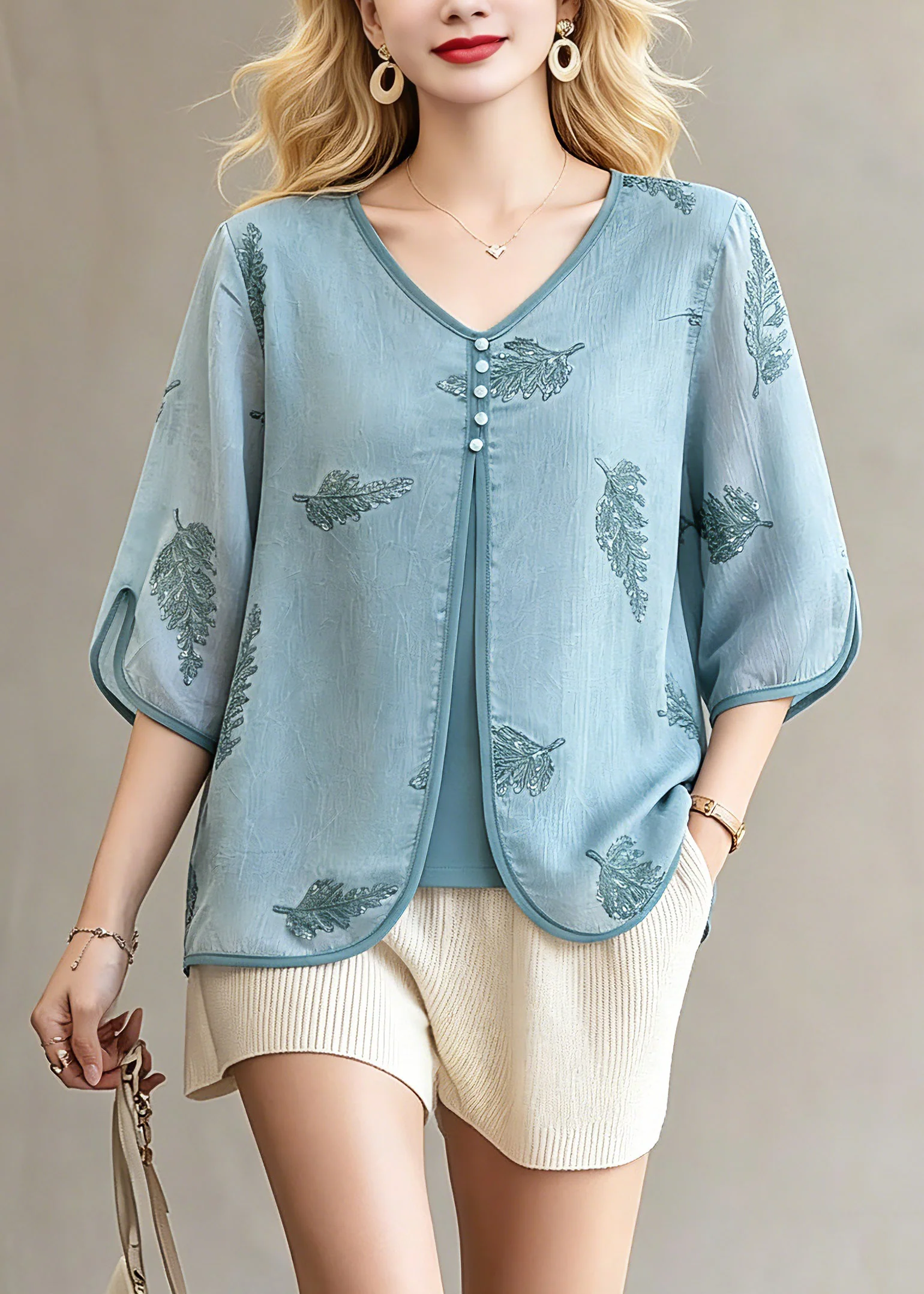 Fine Blue Button Fake Two-Piece Chiffon Tops Spring