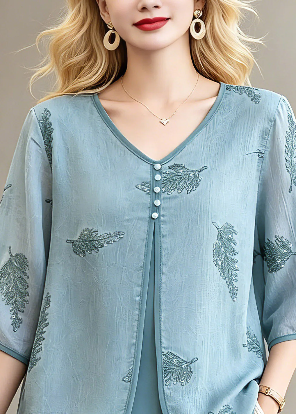 Fine Blue Button Fake Two-Piece Chiffon Tops Spring - Image 2