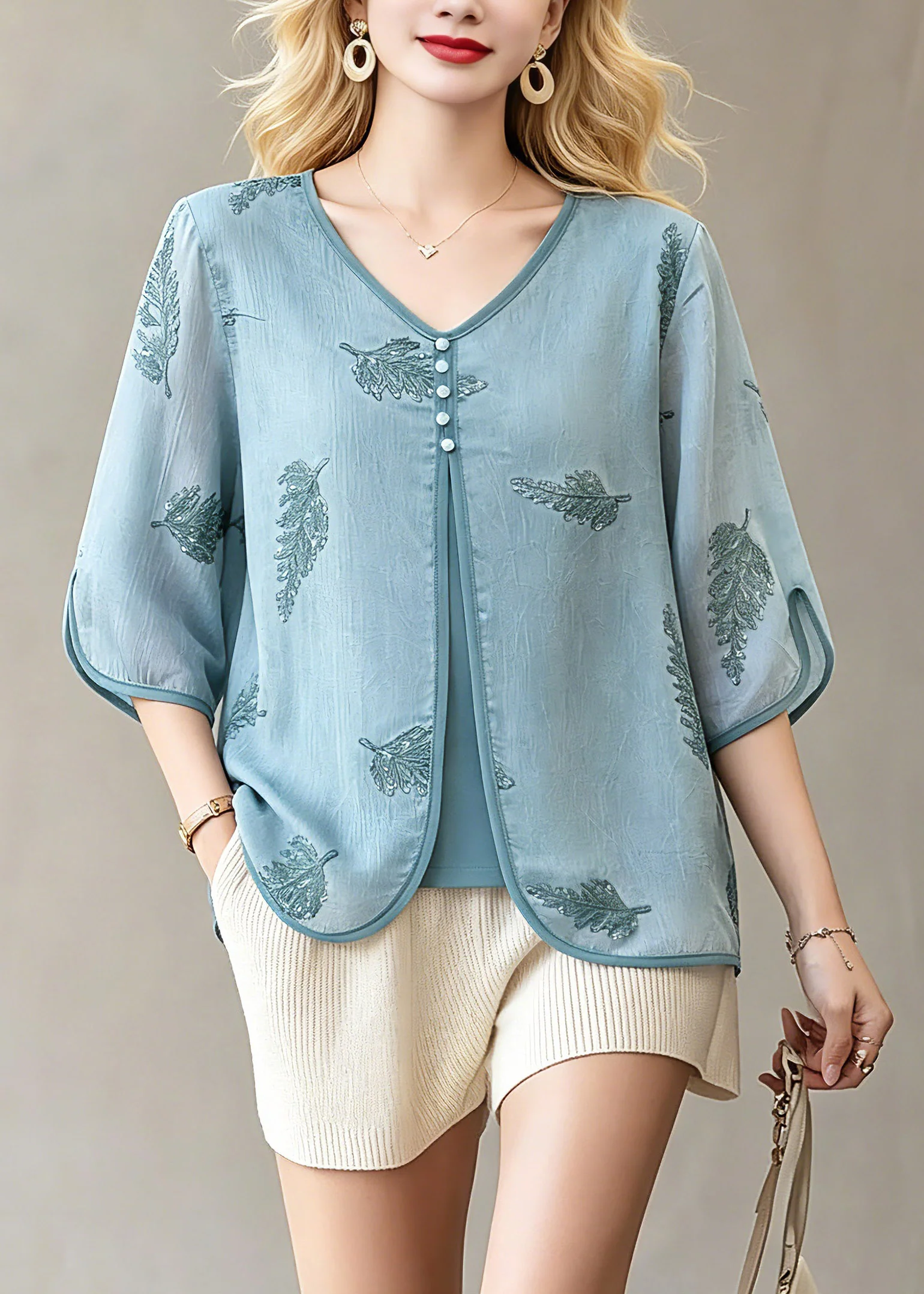 Fine Blue Button Fake Two-Piece Chiffon Tops Spring - Image 3