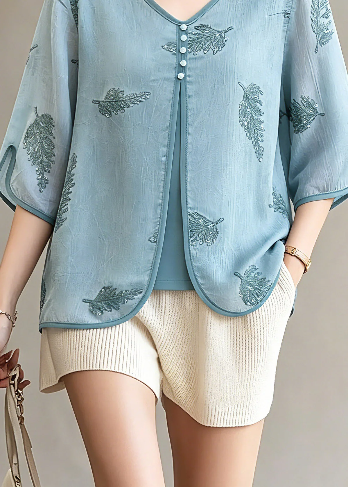 Fine Blue Button Fake Two-Piece Chiffon Tops Spring - Image 4