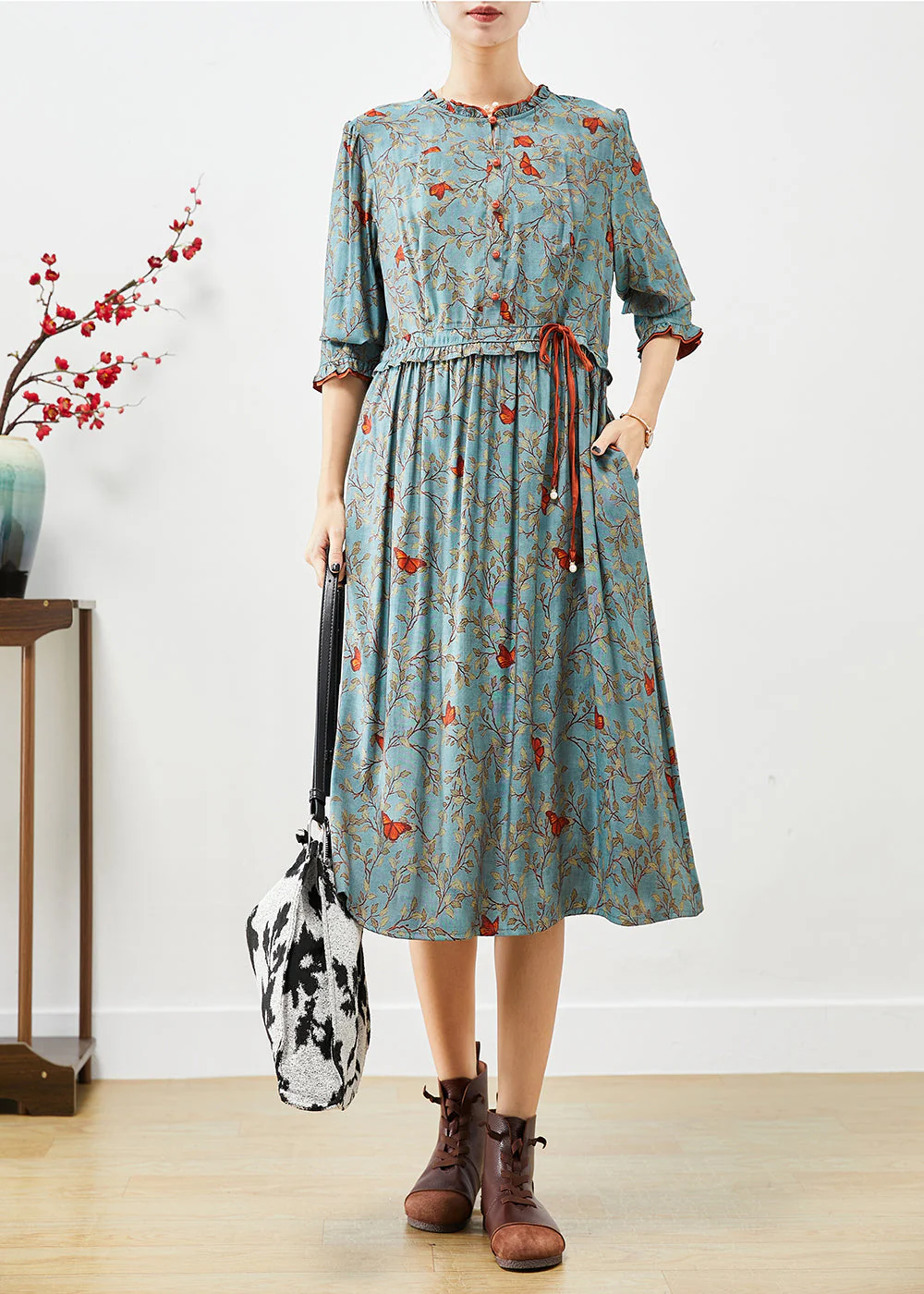 Fine Blue Cinched Ruffled Print Cotton Dresses Bracelet Sleeve