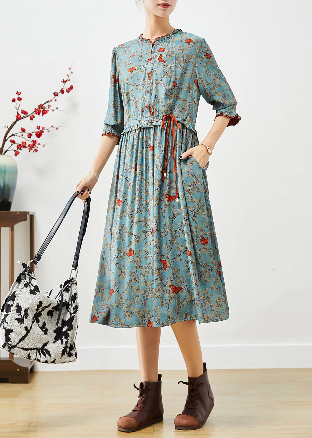 Fine Blue Cinched Ruffled Print Cotton Dresses Bracelet Sleeve - Image 3