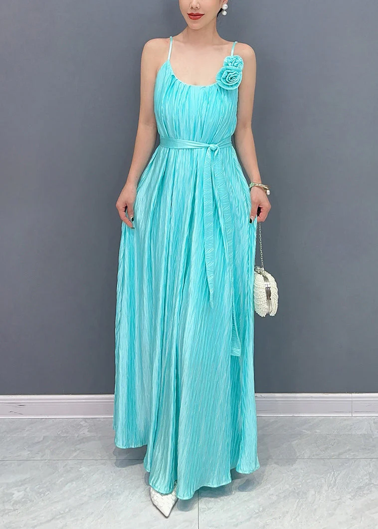 Fine Blue Cold Shoulder Floral Silk Spaghetti Strap Dress Summer - Image 2