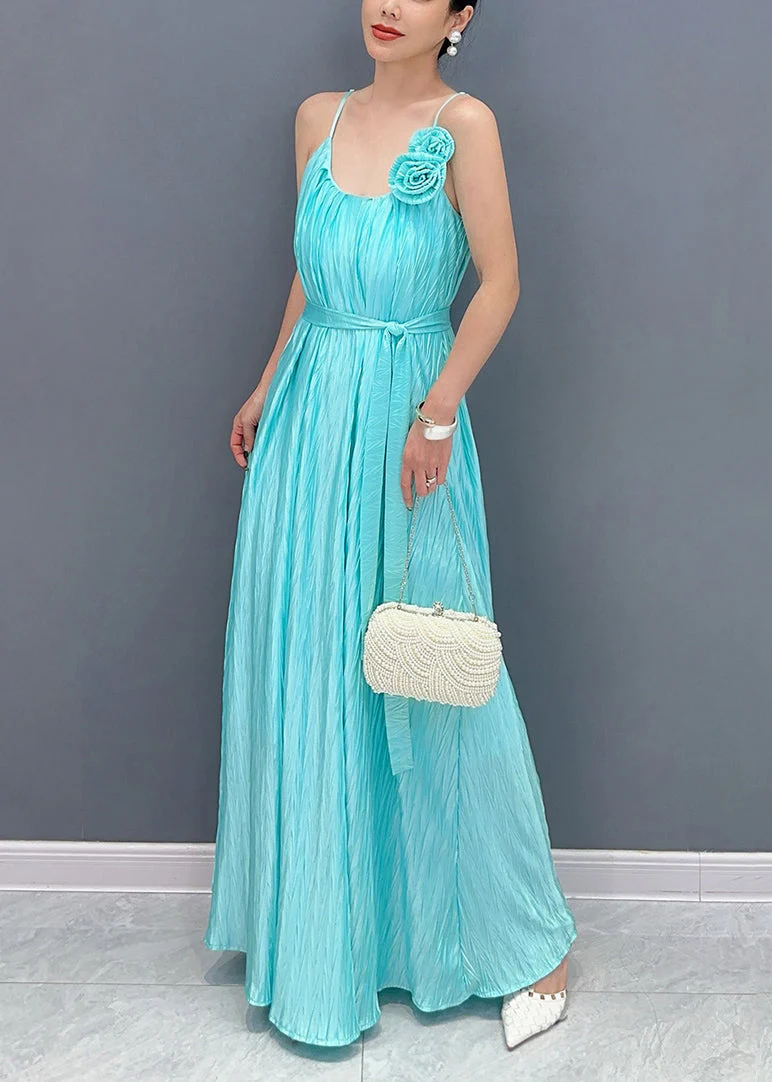 Fine Blue Cold Shoulder Floral Silk Spaghetti Strap Dress Summer - Image 3