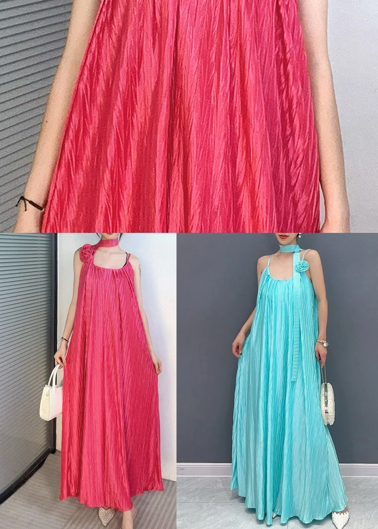 Fine Blue Cold Shoulder Floral Silk Spaghetti Strap Dress Summer - Image 5