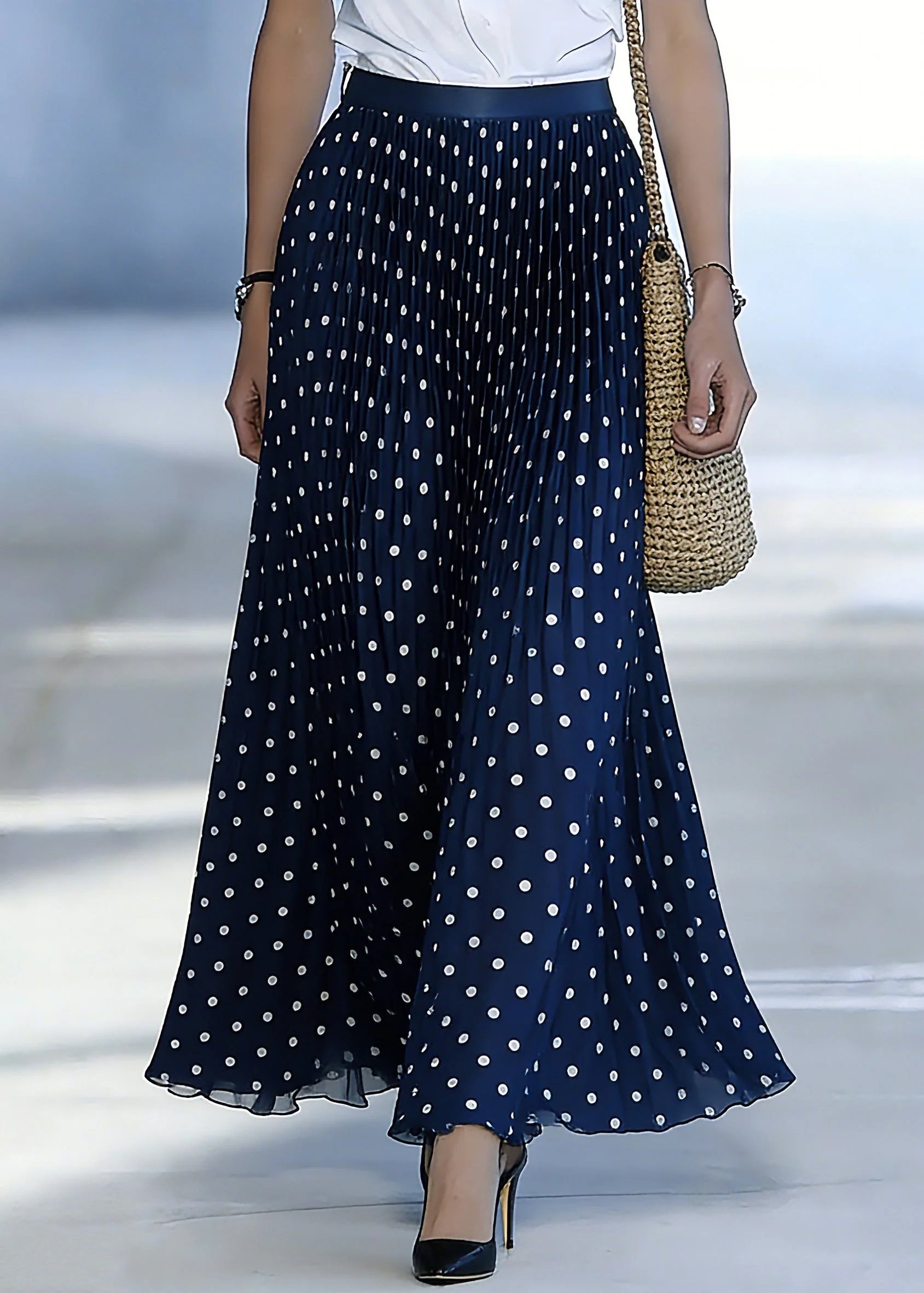 Fine Blue Elastic Waist Dot Print A Line Skirt - Image 3