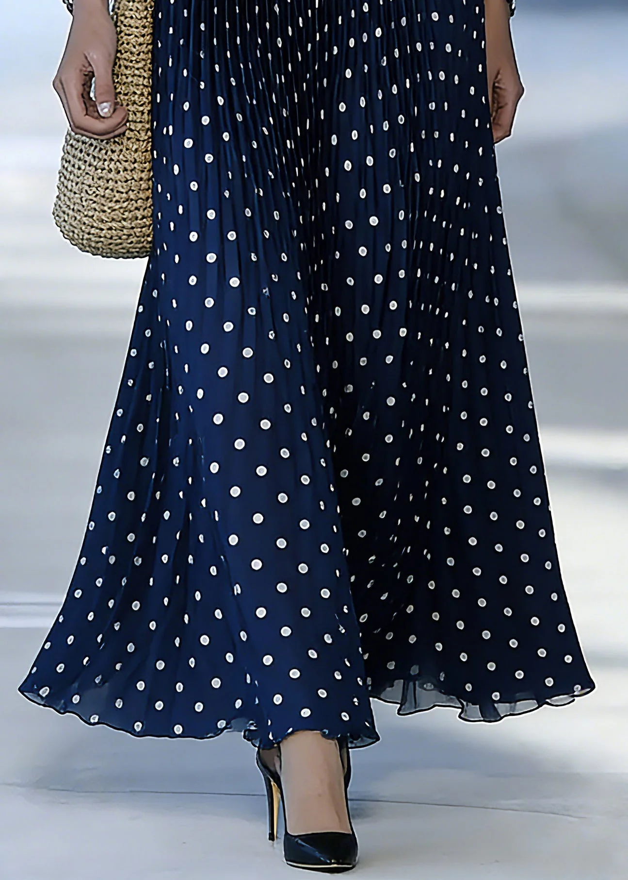 Fine Blue Elastic Waist Dot Print A Line Skirt - Image 4