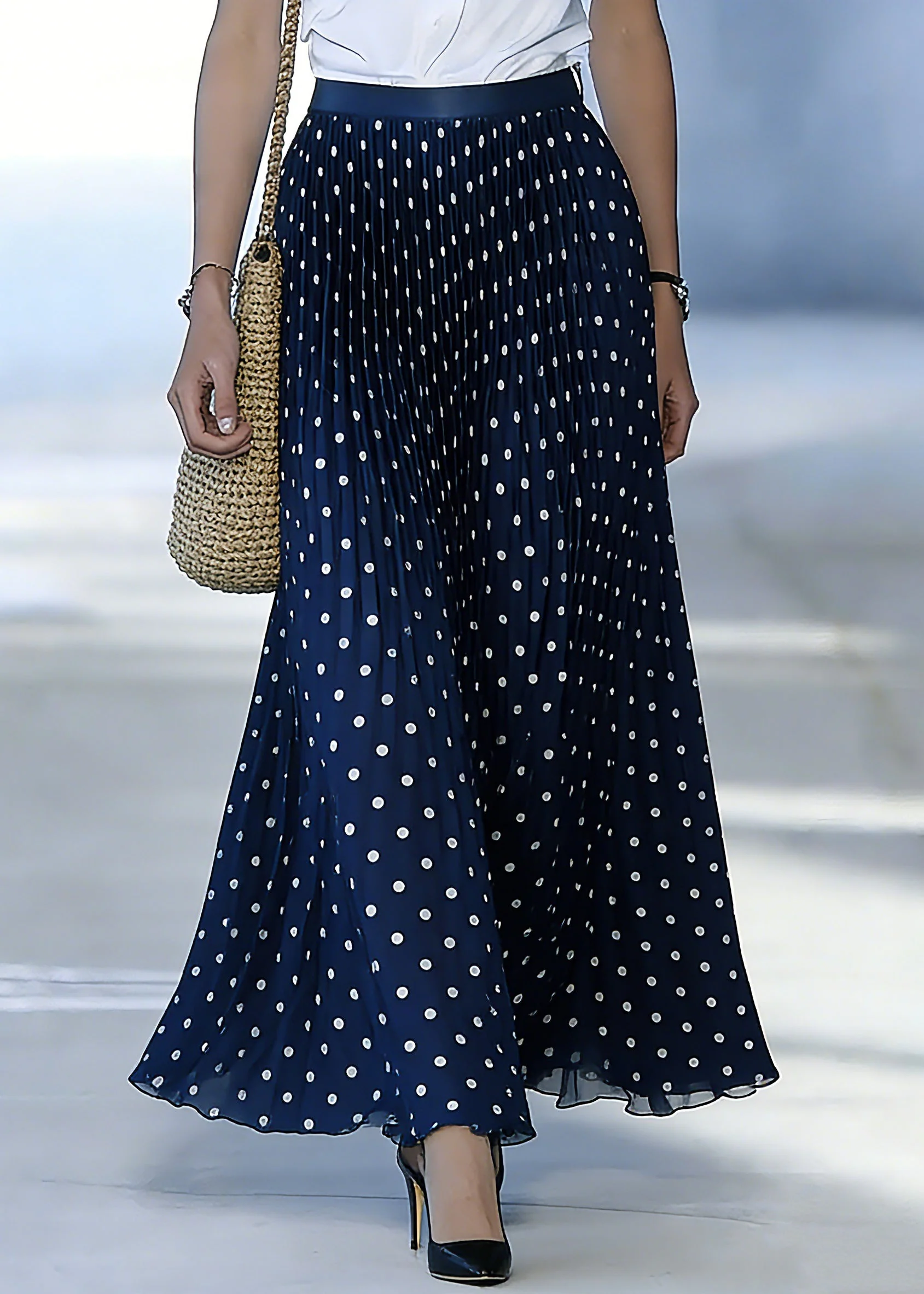 Fine Blue Elastic Waist Dot Print A Line Skirt - Image 5