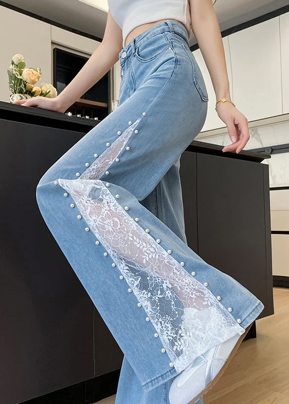 Fine Blue Hollow Out Patchwork Lace Denim Flared Trousers Fall
