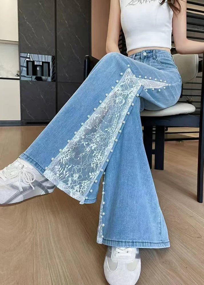 Fine Blue Hollow Out Patchwork Lace Denim Flared Trousers Fall - Image 2