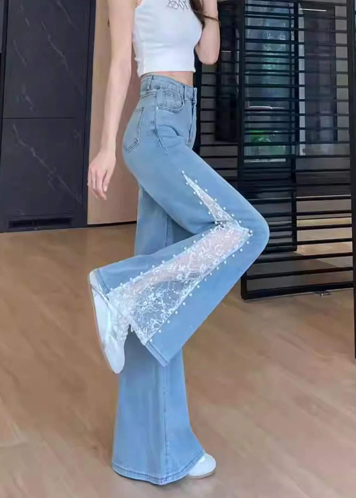 Fine Blue Hollow Out Patchwork Lace Denim Flared Trousers Fall - Image 4