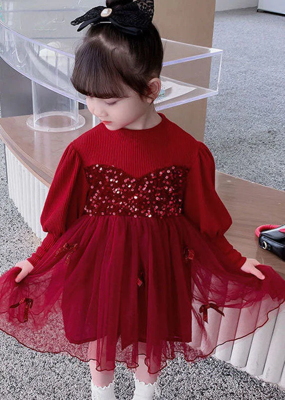 Fine Blue Knit Patchwork Sequins Diamond Tulle Girls Long Dress Fall - Image 2