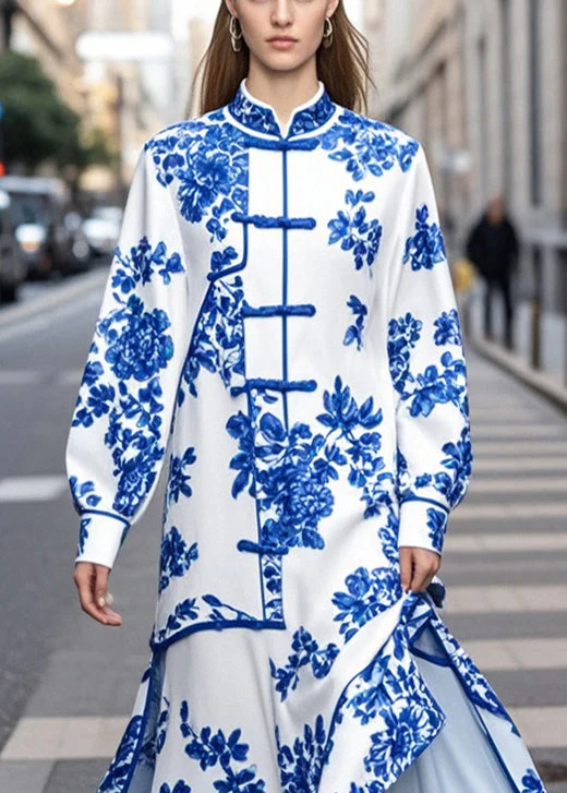 Fine Blue Print Mandarin Collar Side Open Chiffon Long Dress Spring - Image 2