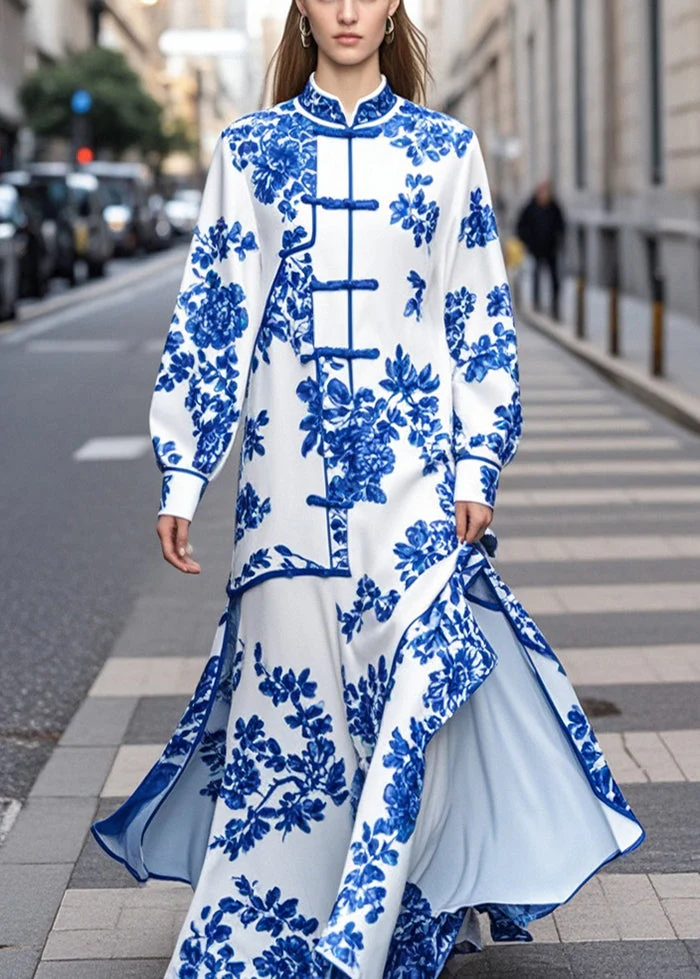 Fine Blue Print Mandarin Collar Side Open Chiffon Long Dress Spring - Image 5