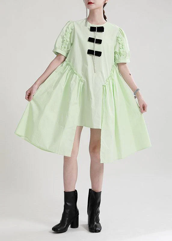 Fine Blue Puff Sleeve Asymmetrical Design Summer Vacation Dress Short Sleeve - Image 2