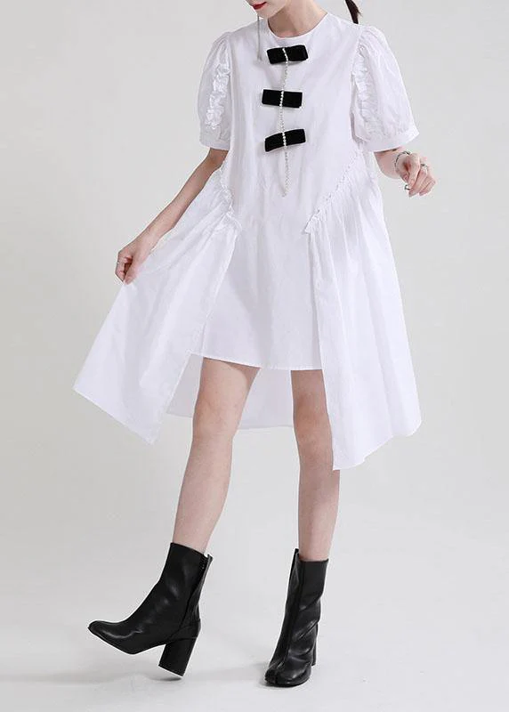 Fine Blue Puff Sleeve Asymmetrical Design Summer Vacation Dress Short Sleeve - Image 3