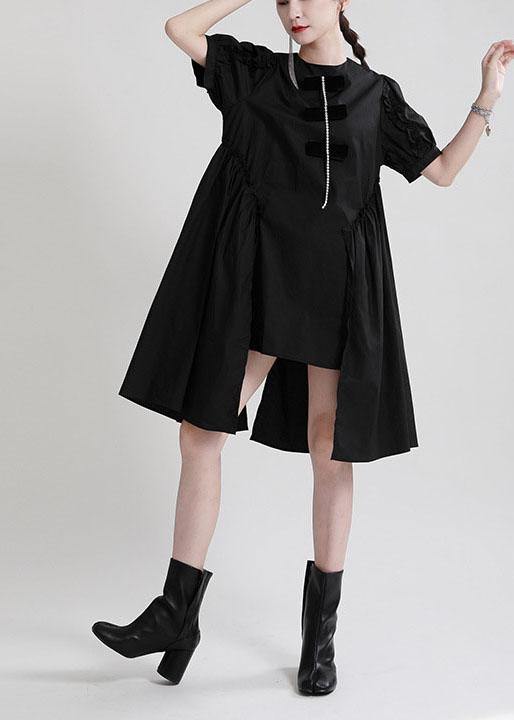 Fine Blue Puff Sleeve Asymmetrical Design Summer Vacation Dress Short Sleeve - Image 4