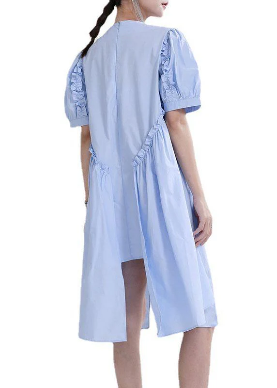 Fine Blue Puff Sleeve Asymmetrical Design Summer Vacation Dress Short Sleeve - Image 5