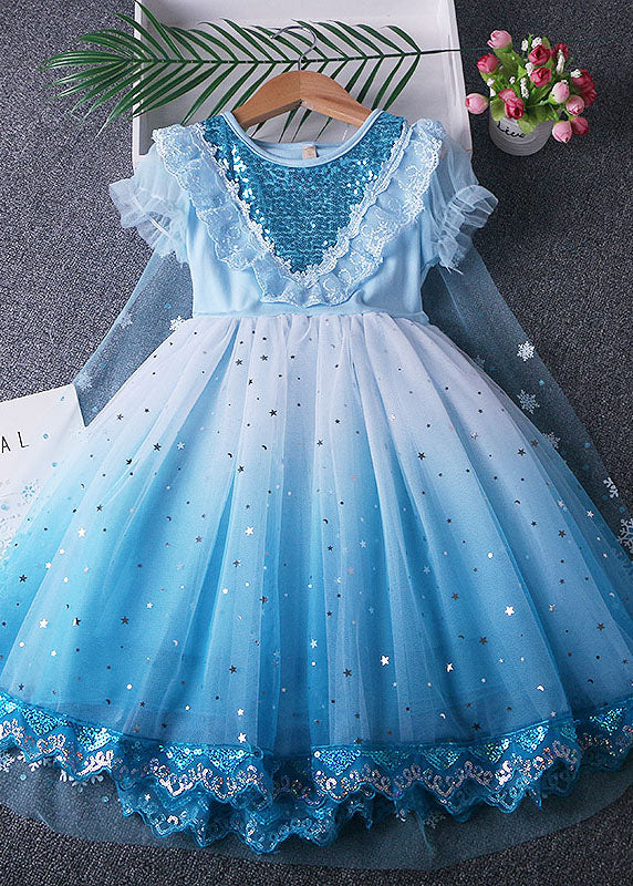 Fine Blue Ruffled Sequins Lace Patchwork Tulle Baby Girls Princess Dress Summer - Image 2