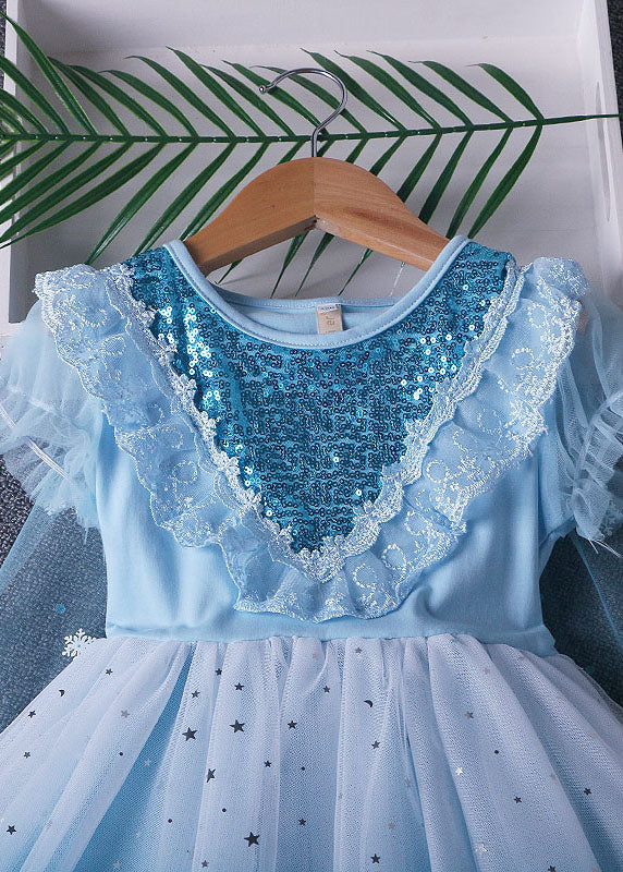 Fine Blue Ruffled Sequins Lace Patchwork Tulle Baby Girls Princess Dress Summer - Image 3