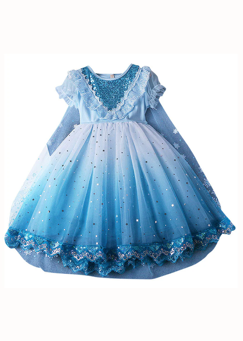Fine Blue Ruffled Sequins Lace Patchwork Tulle Baby Girls Princess Dress Summer - Image 5