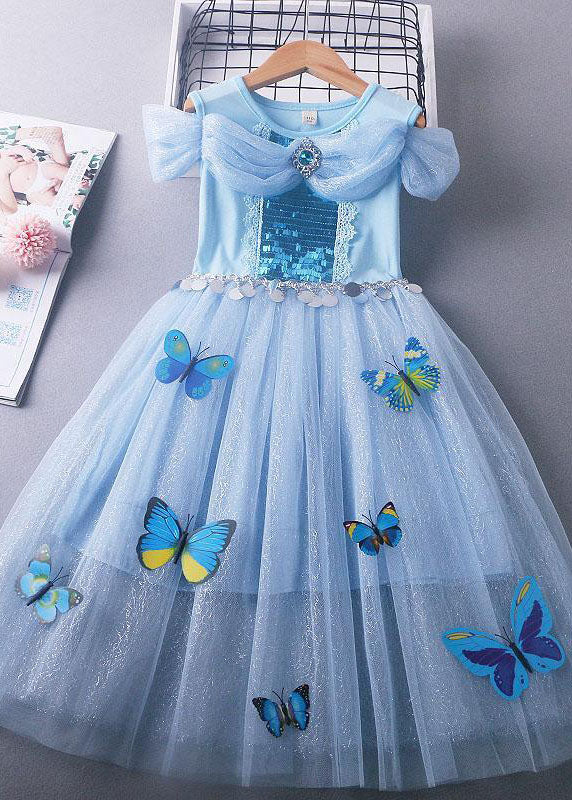 Fine Blue Sequins Wrinkled Patchwork Tulle Kids Girls Princess Dress Summer - Image 3
