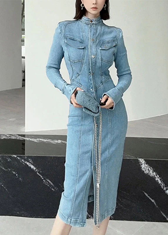 Fine Blue Stand Collar Patchwork Button Denim Long Dress Spring - Image 2
