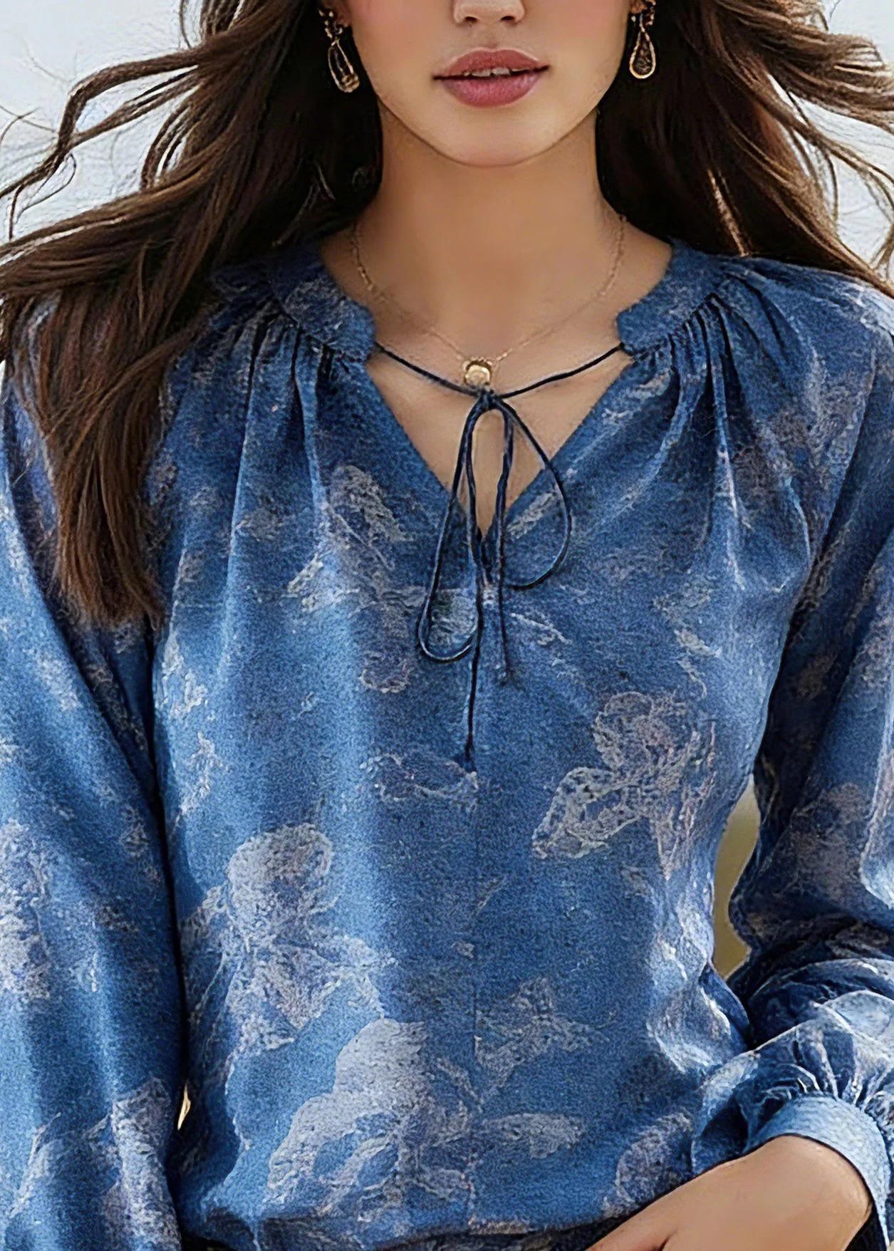 Fine Blue Tie Lace Print Silk Shirt Spring - Image 2