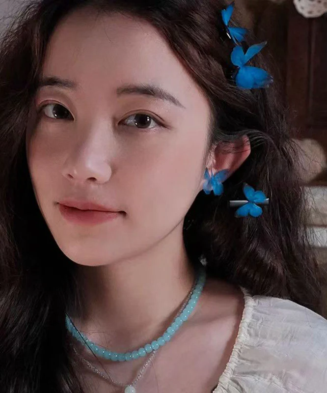 Fine Blue Tulle Alloy Butterfly Stud Earrings - Image 3