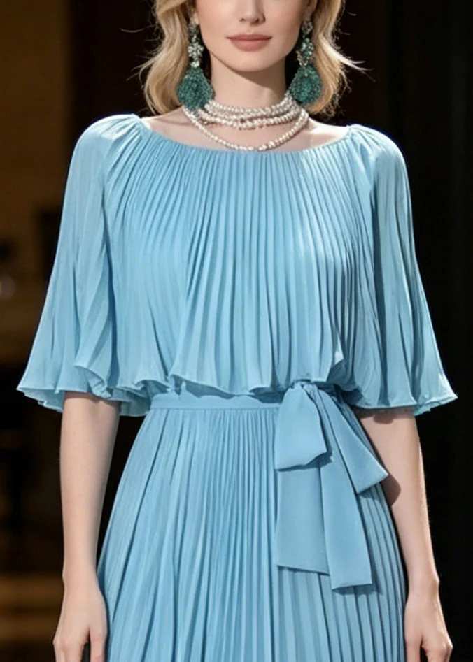Fine Blue Tunic Wrinkled Chiffon Party Dresses Cloak Sleeves - Image 2
