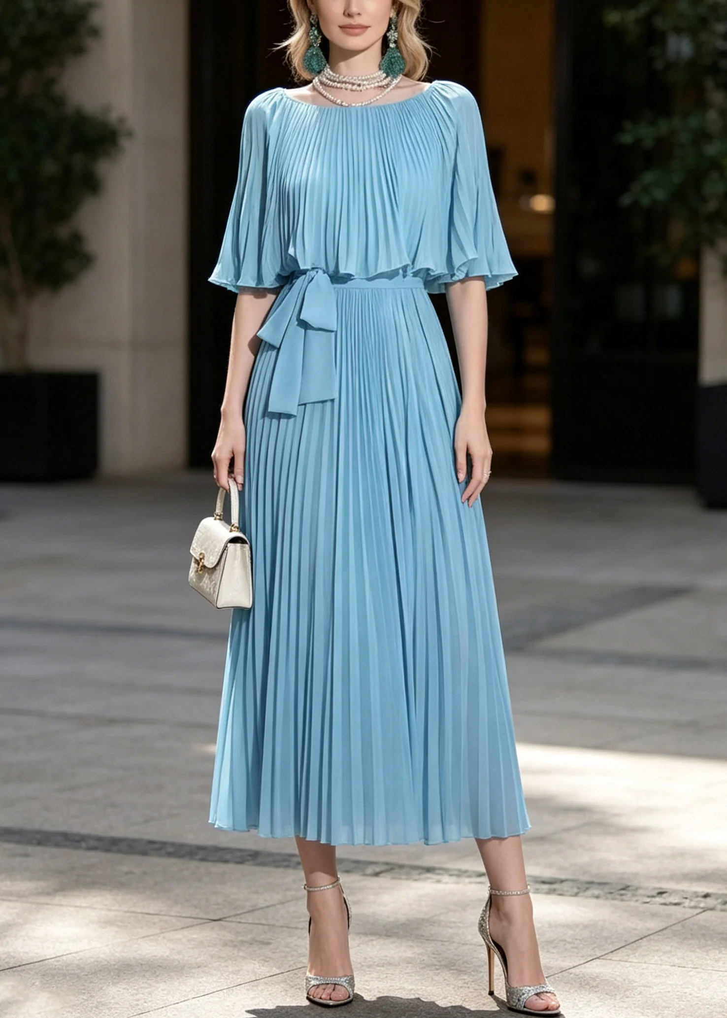 Fine Blue Tunic Wrinkled Chiffon Party Dresses Cloak Sleeves - Image 3