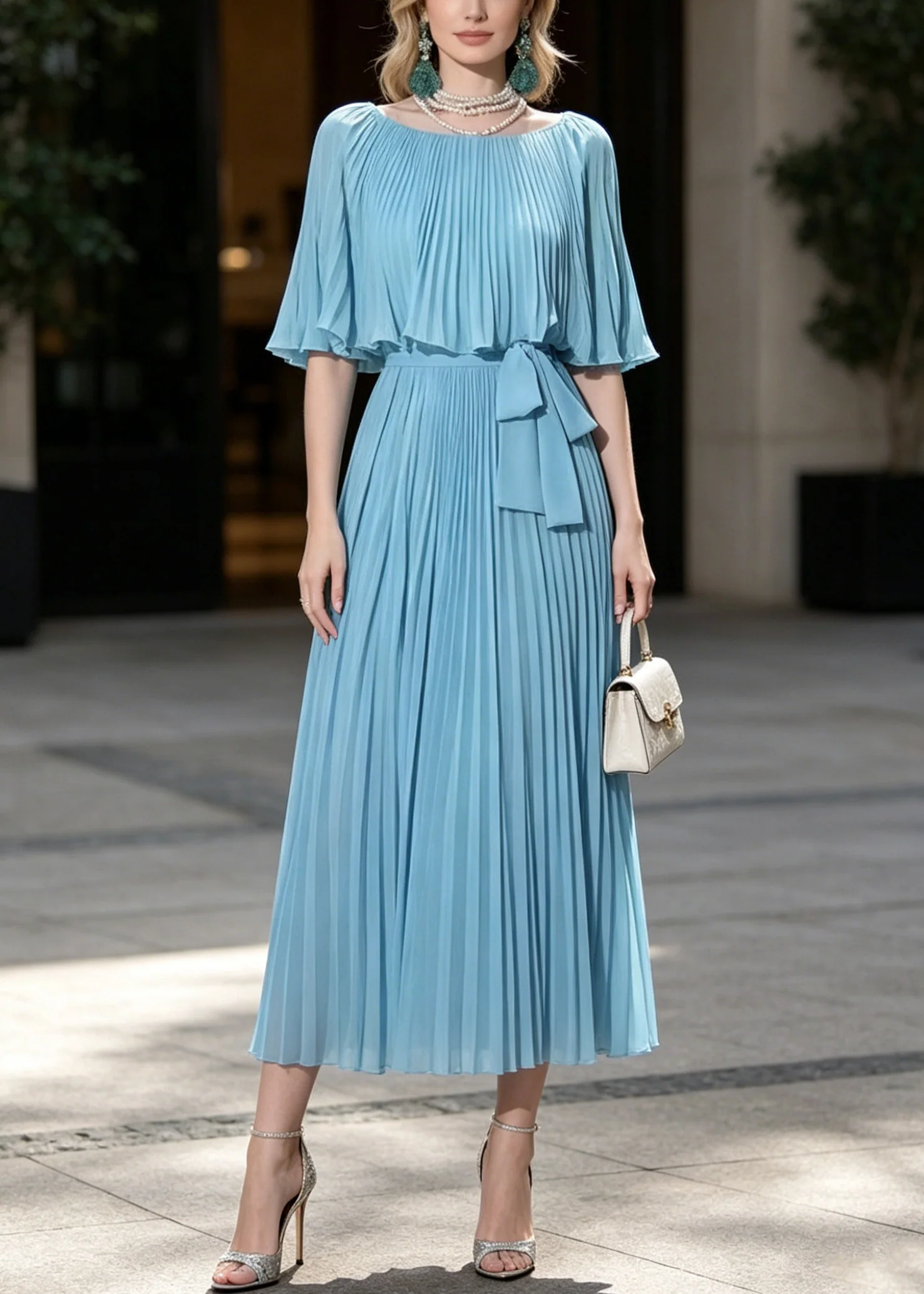 Fine Blue Tunic Wrinkled Chiffon Party Dresses Cloak Sleeves - Image 5