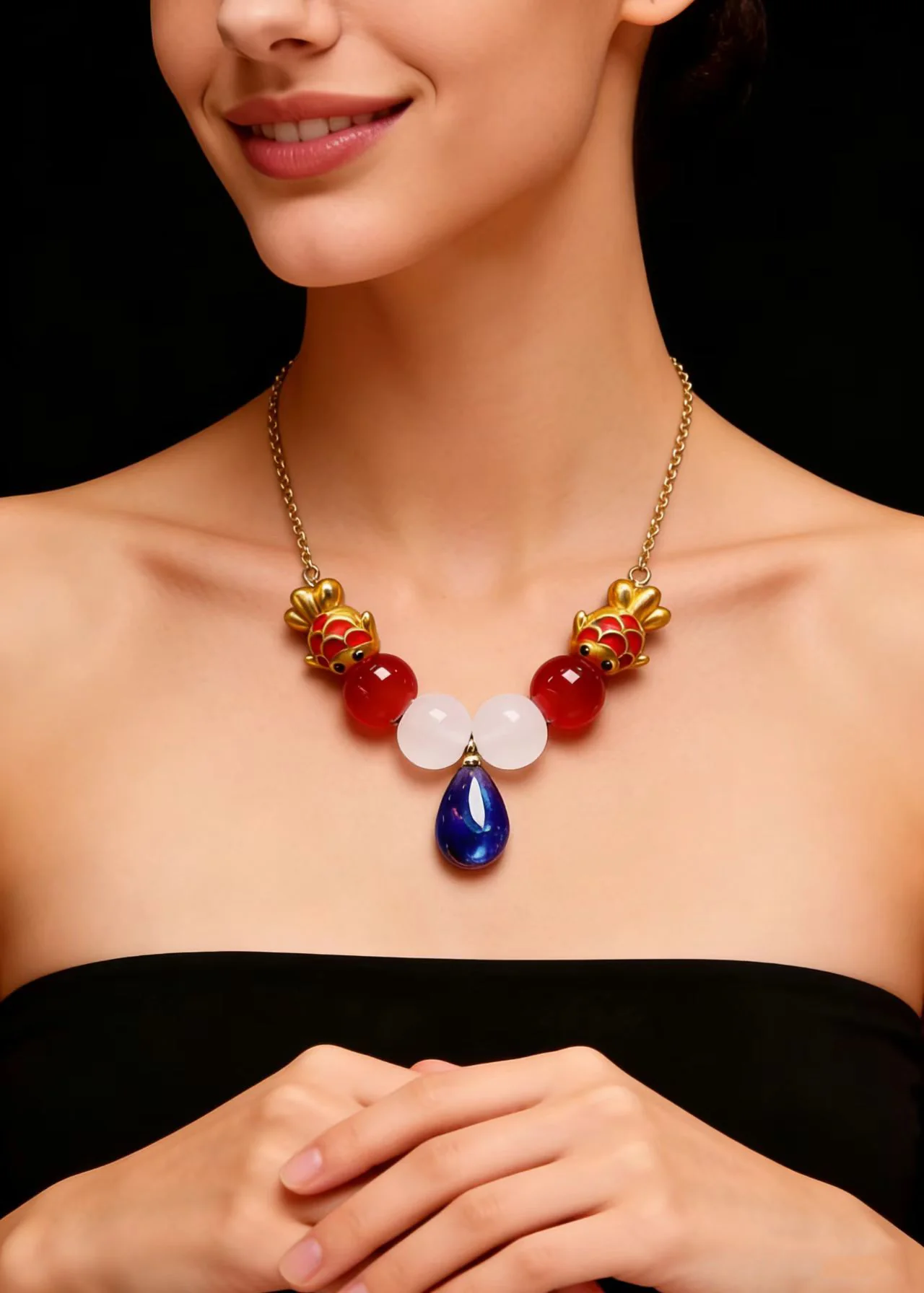 Fine Blue Water Droplet Gem Stone Goldfish Pendant Necklace - Image 2